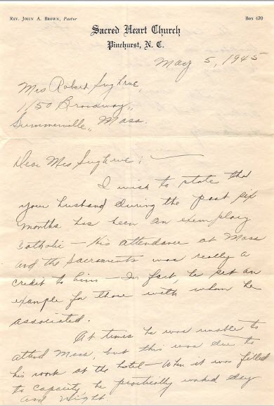 Reverend John Brown from Sacred Heart Church of Pinehurst, North Carolina, puts in a good word for Bob.